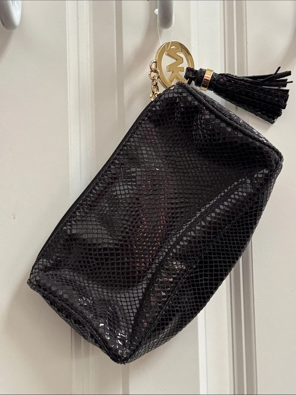 Michael Kors Black Snake-Embossed Cosmetic Pouch with Gold MK Charm and Tassel